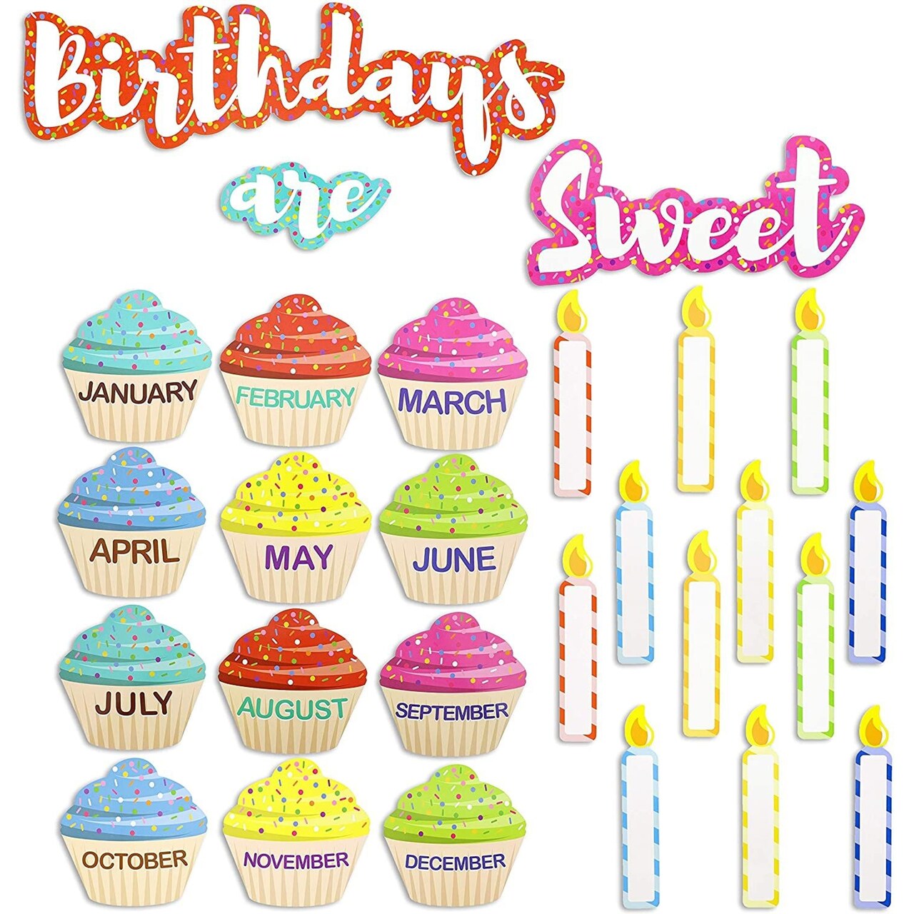 63 Piece Set Cupcake Cutouts for Bulletin Board and Student Birthdays, Classroom and Teacher Supplies